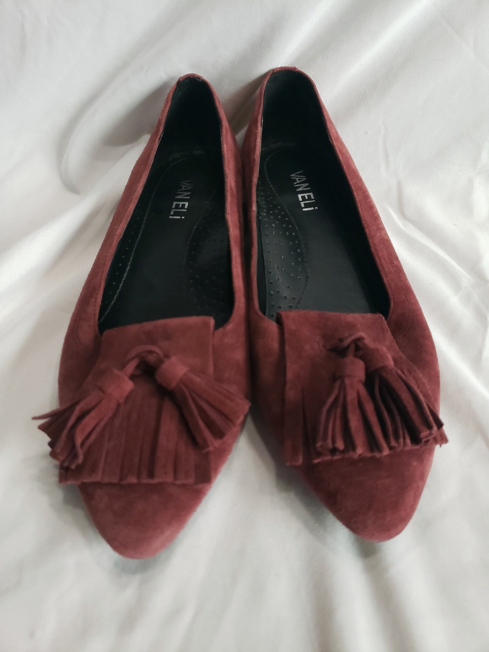 Vaneli Bordeaux Suede Tassel Pointed Loafers